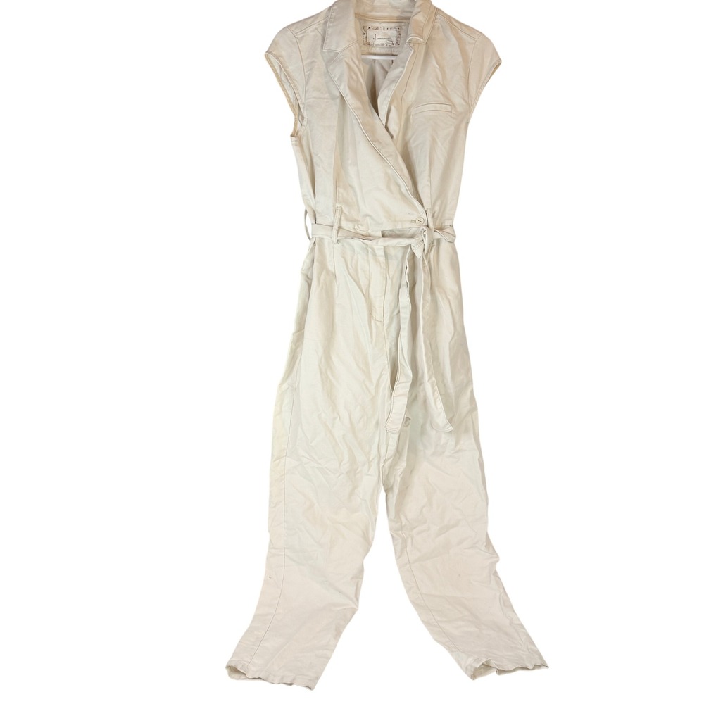 By Anthropologie Eliza Jumpsuit Women's Size 8 Ivory Cotton Wrap Belted